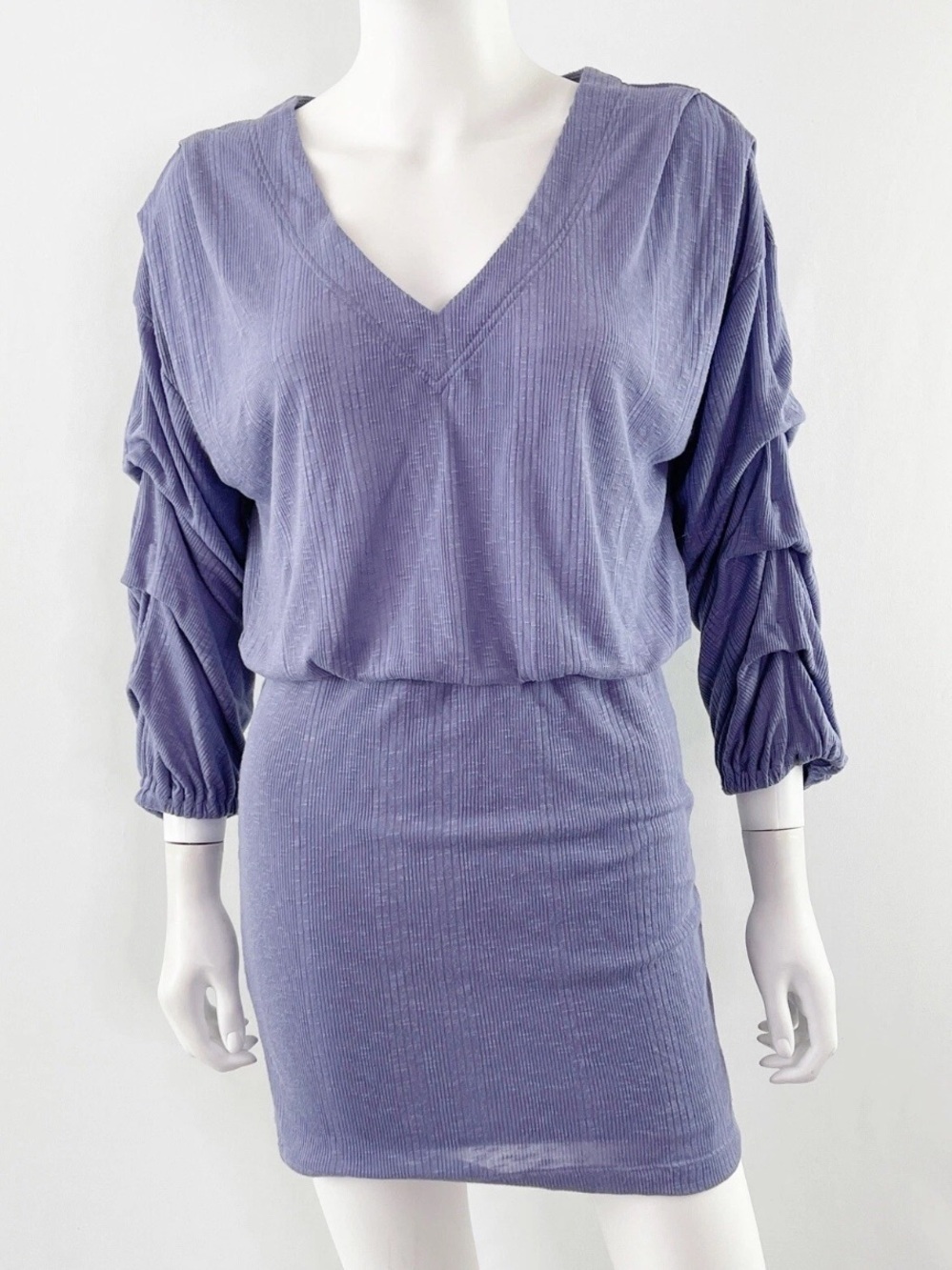 Free People Lavender V-Neck Ruched Sleeve Mini Dress